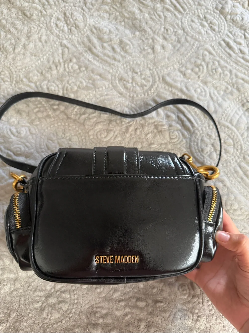 Steve Madden Black Leather Crossbody with Gold Ring Hardware